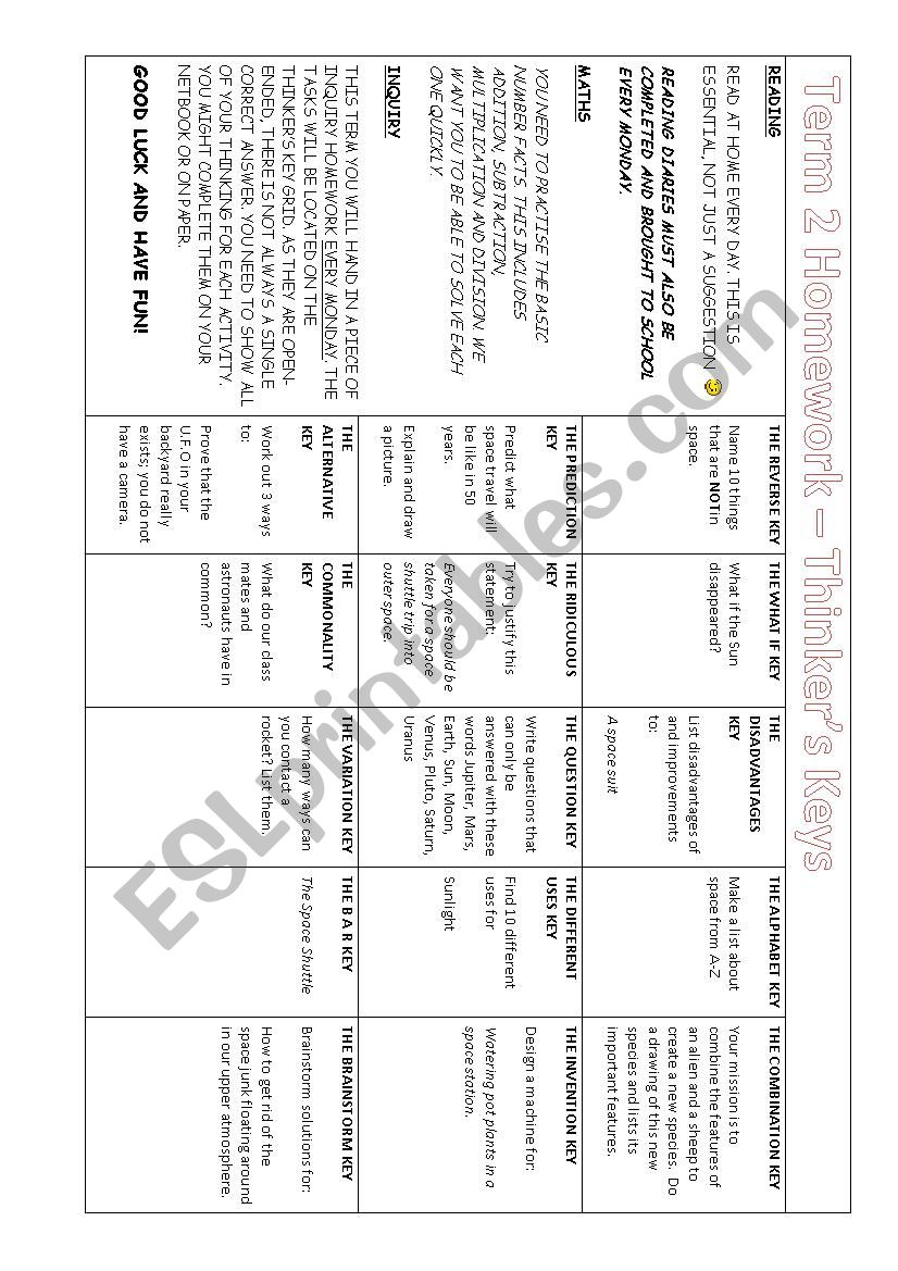Space Thinkers Keys worksheet