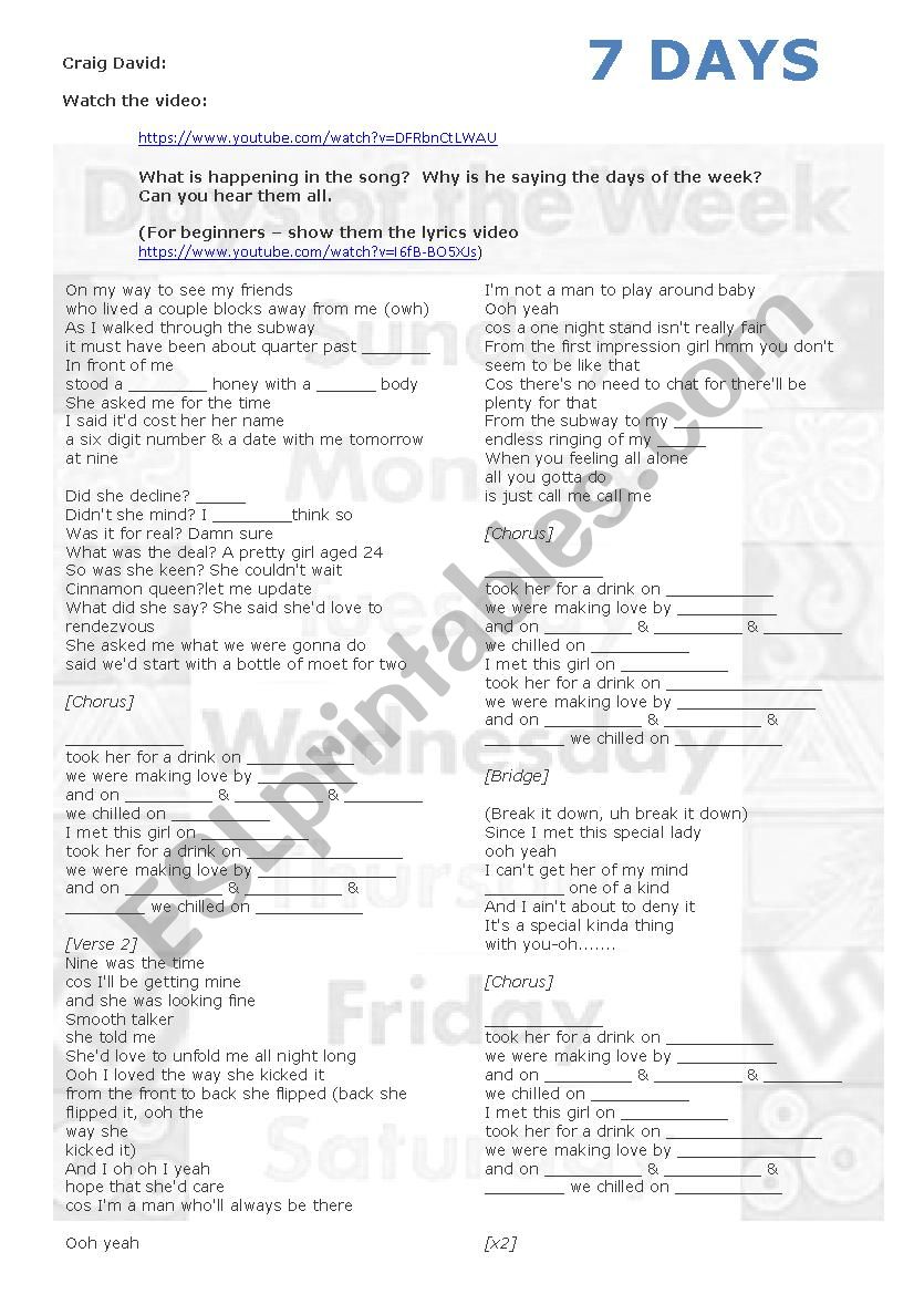 7 Days Song Worksheet worksheet