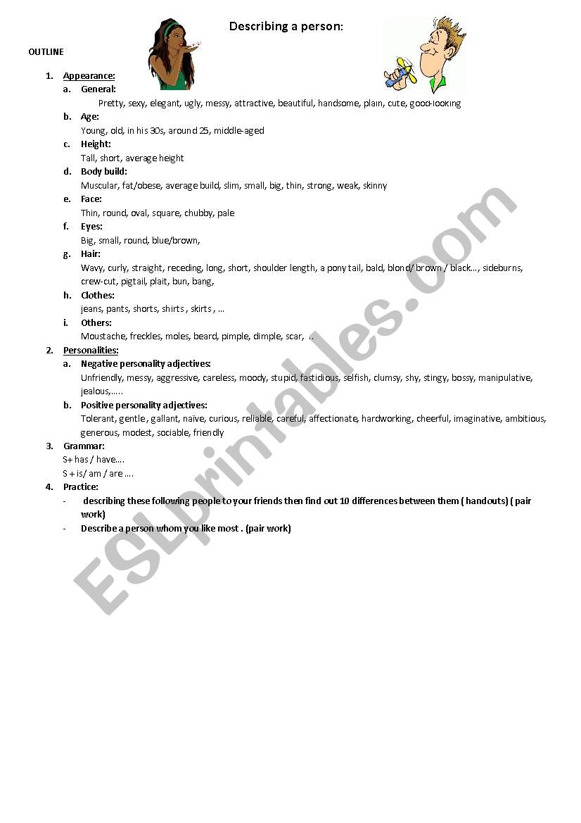 describing a person (outline) worksheet