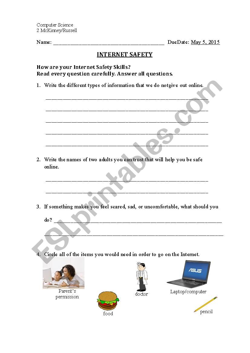 Internet Safety worksheet