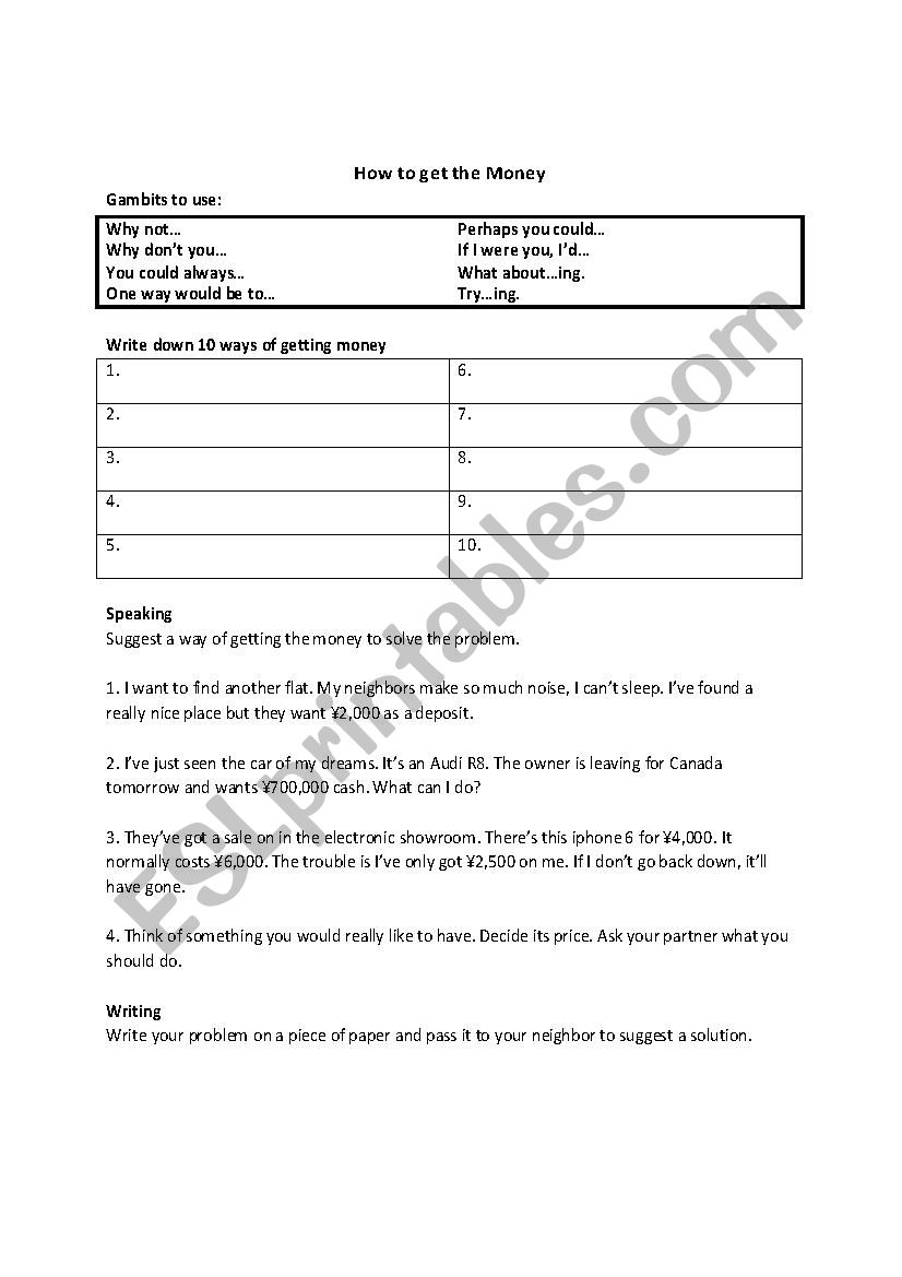 How to Get Money worksheet