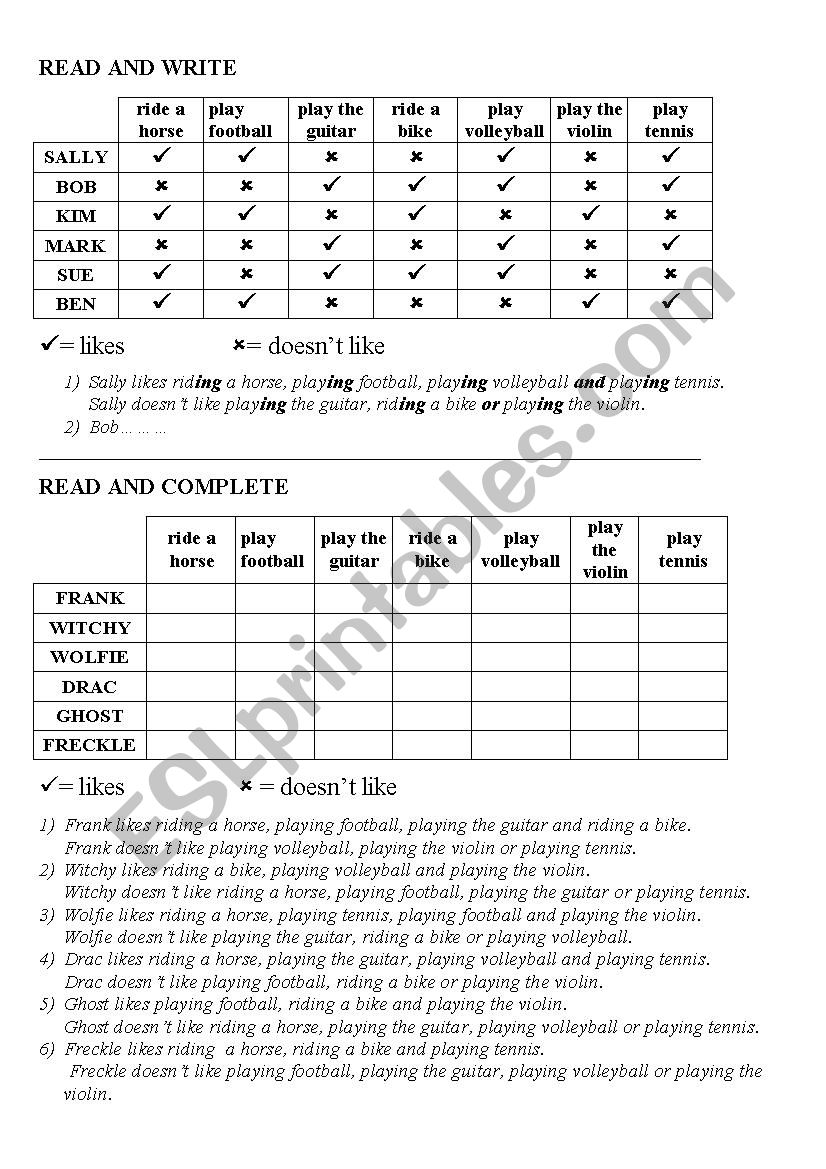 Likes and dislikes worksheet