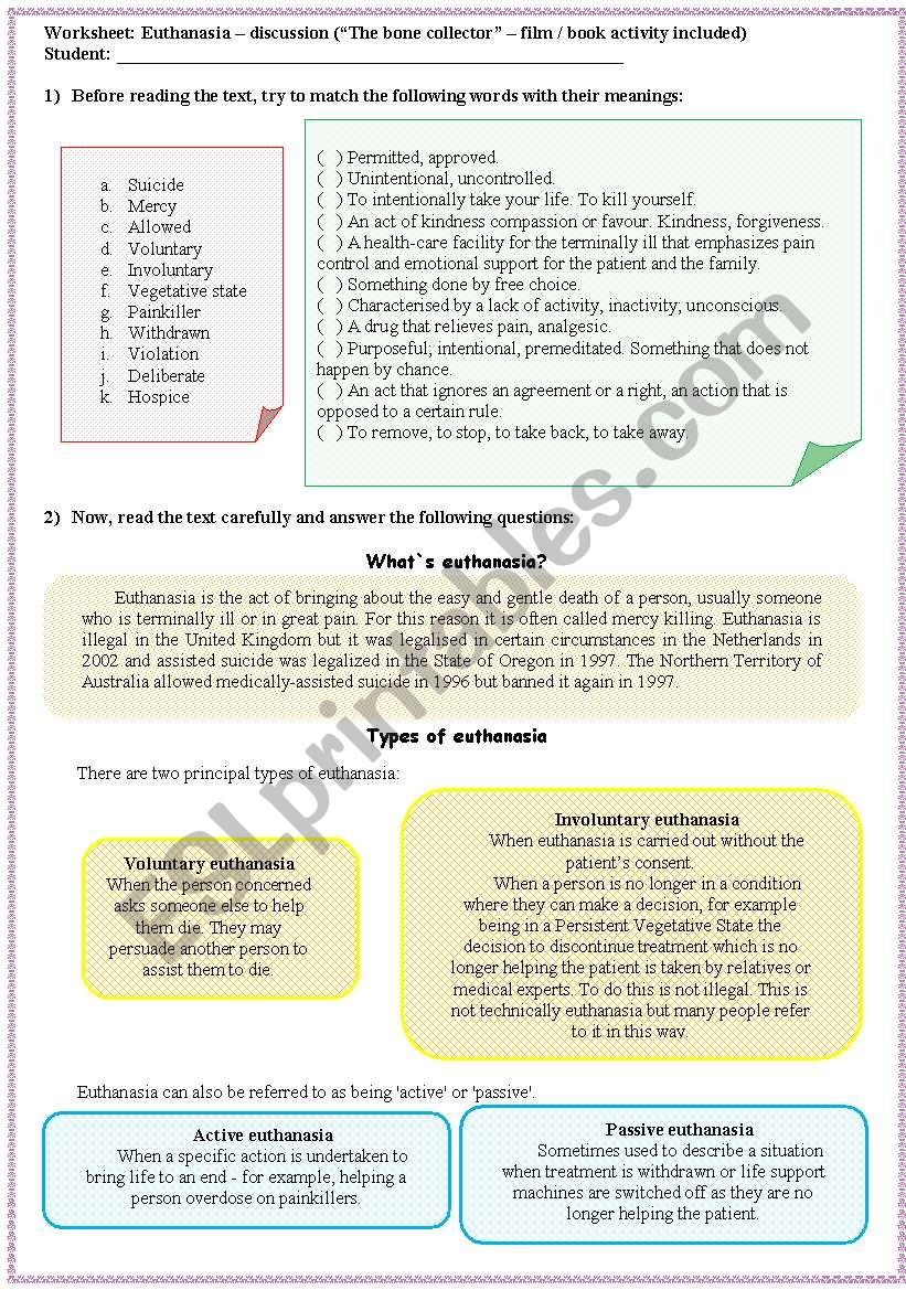 Euthanasia - reading comprehension and discussion (includes activity with the book/film 