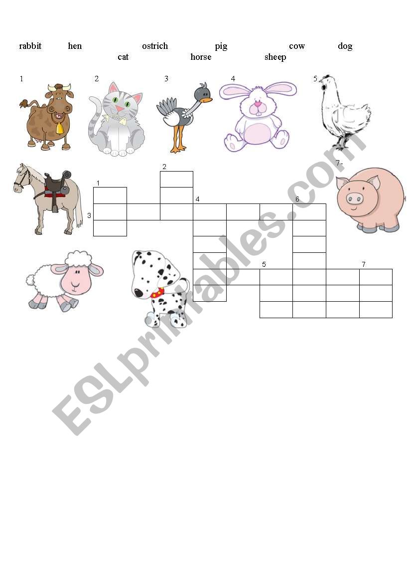 farm animals - crossword worksheet