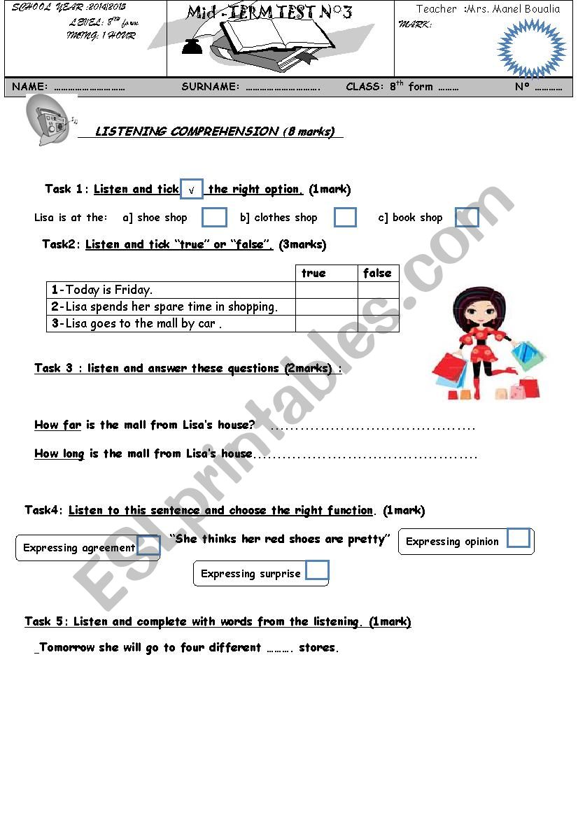 mid term test 3 for 8th form worksheet