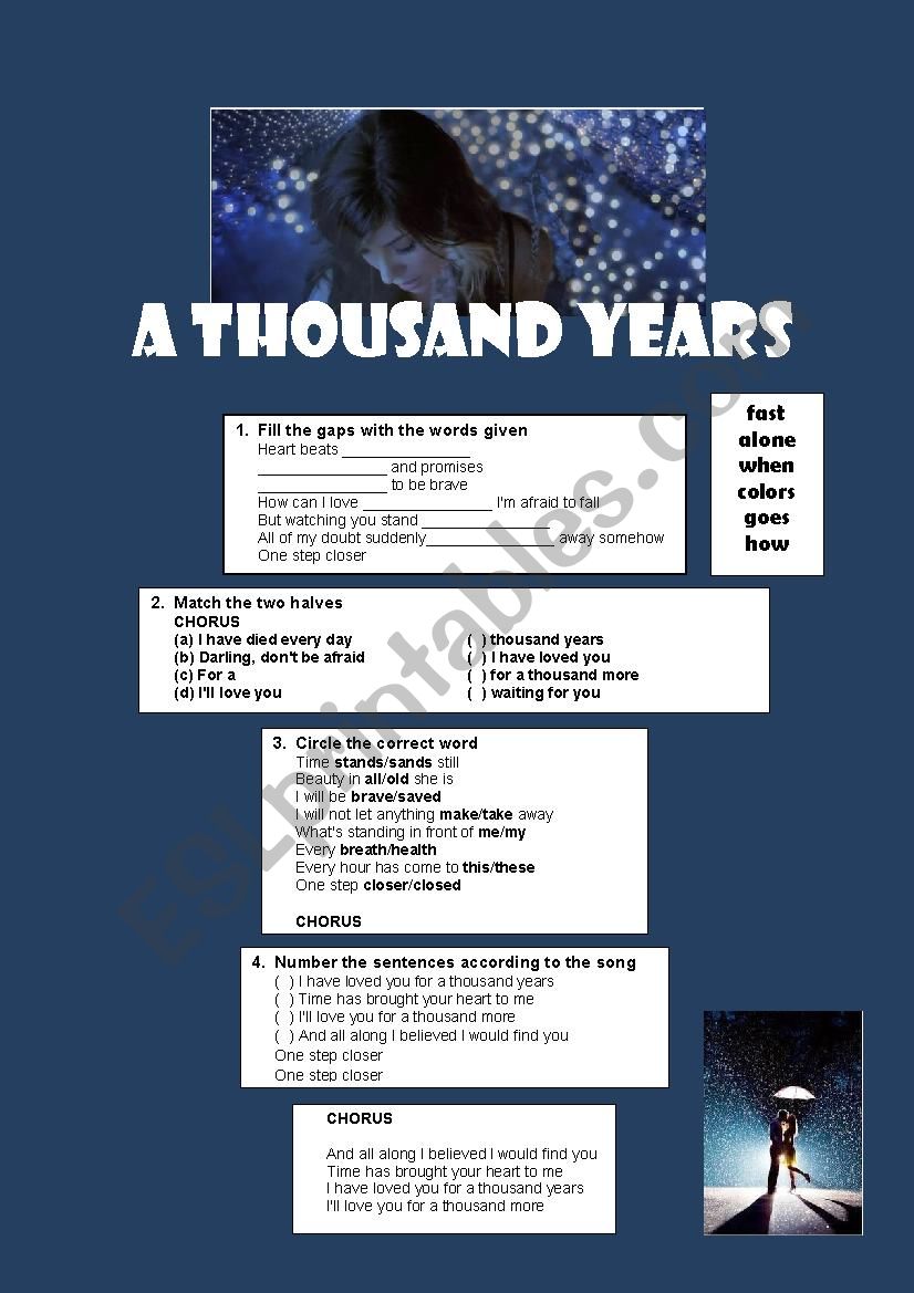 Song: A thousand years worksheet