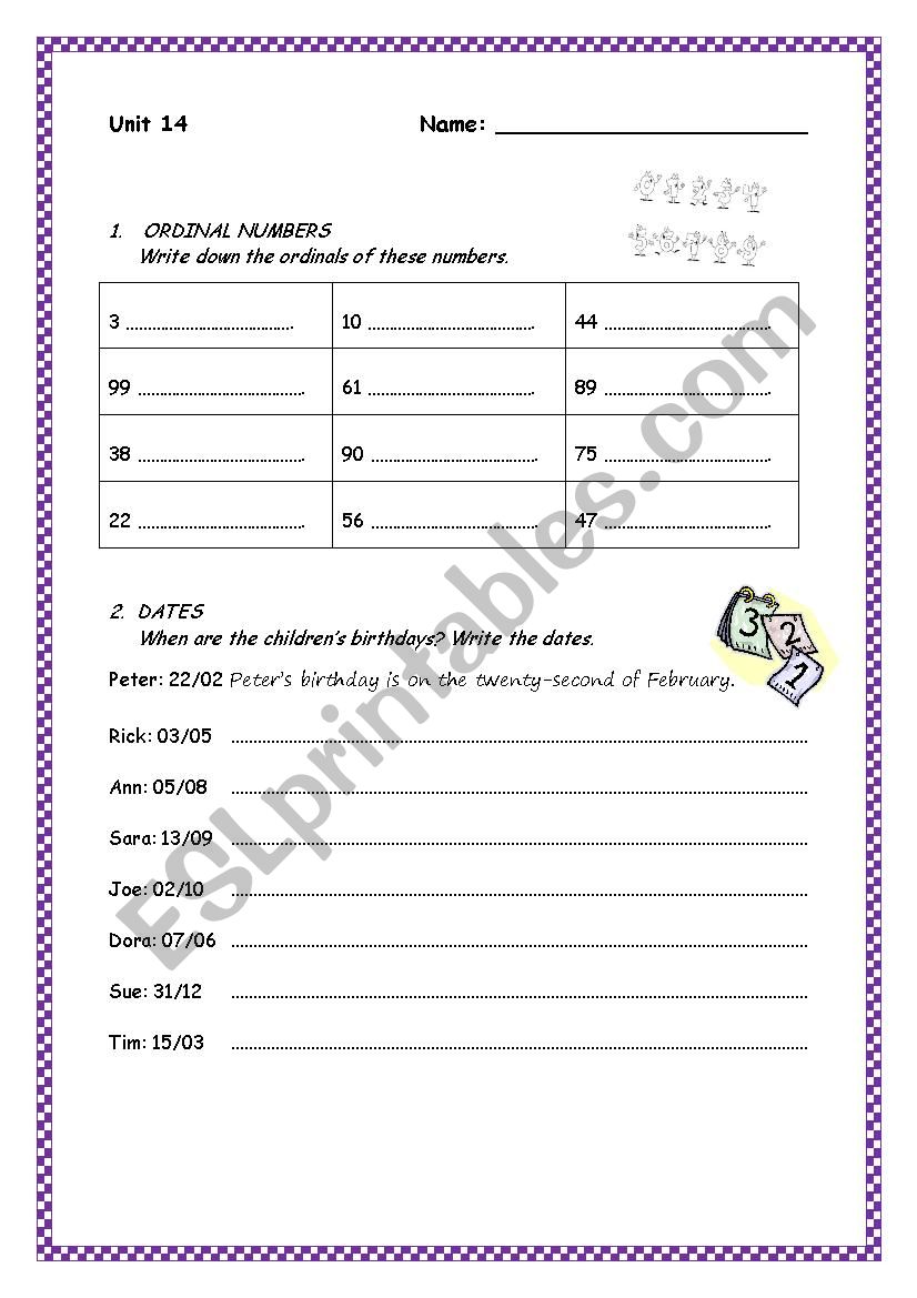 Ordinal numbers - dates - prepositions (in-on-at) - possessive case