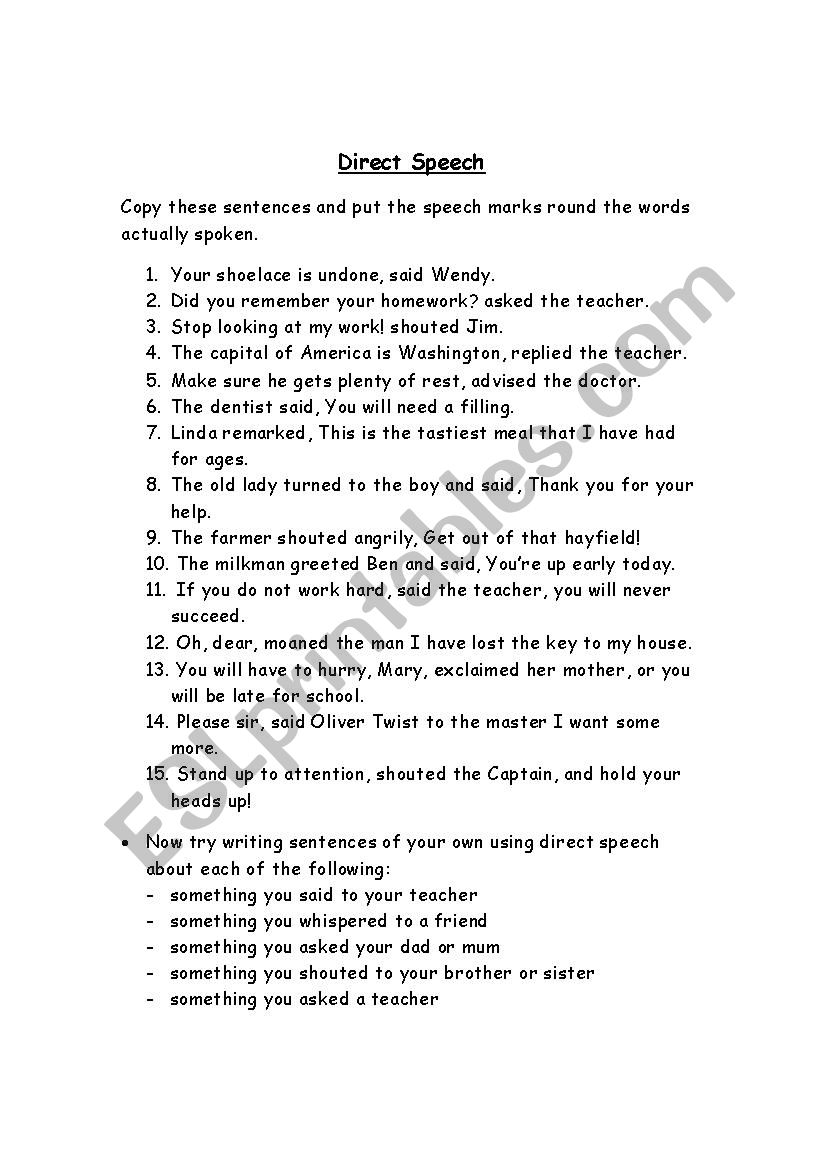 Year 4 Direct Speech worksheet