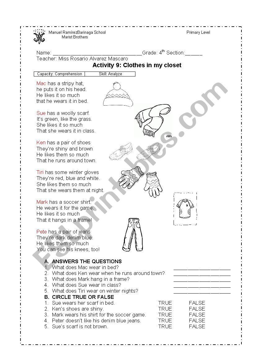 Clothes in my closet worksheet
