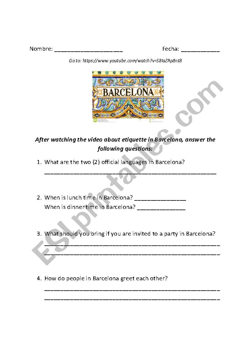 Etiquette in Barcelona worksheet