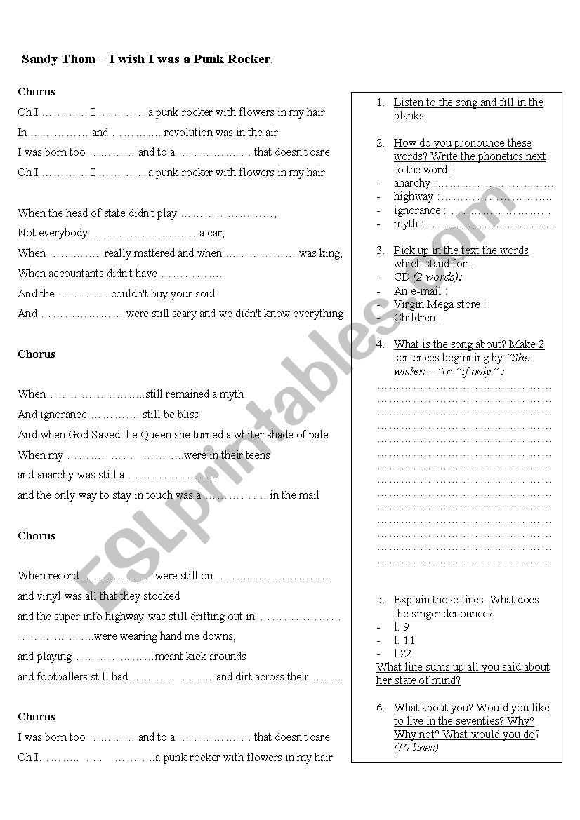 Iwish I was a punk rocker worksheet