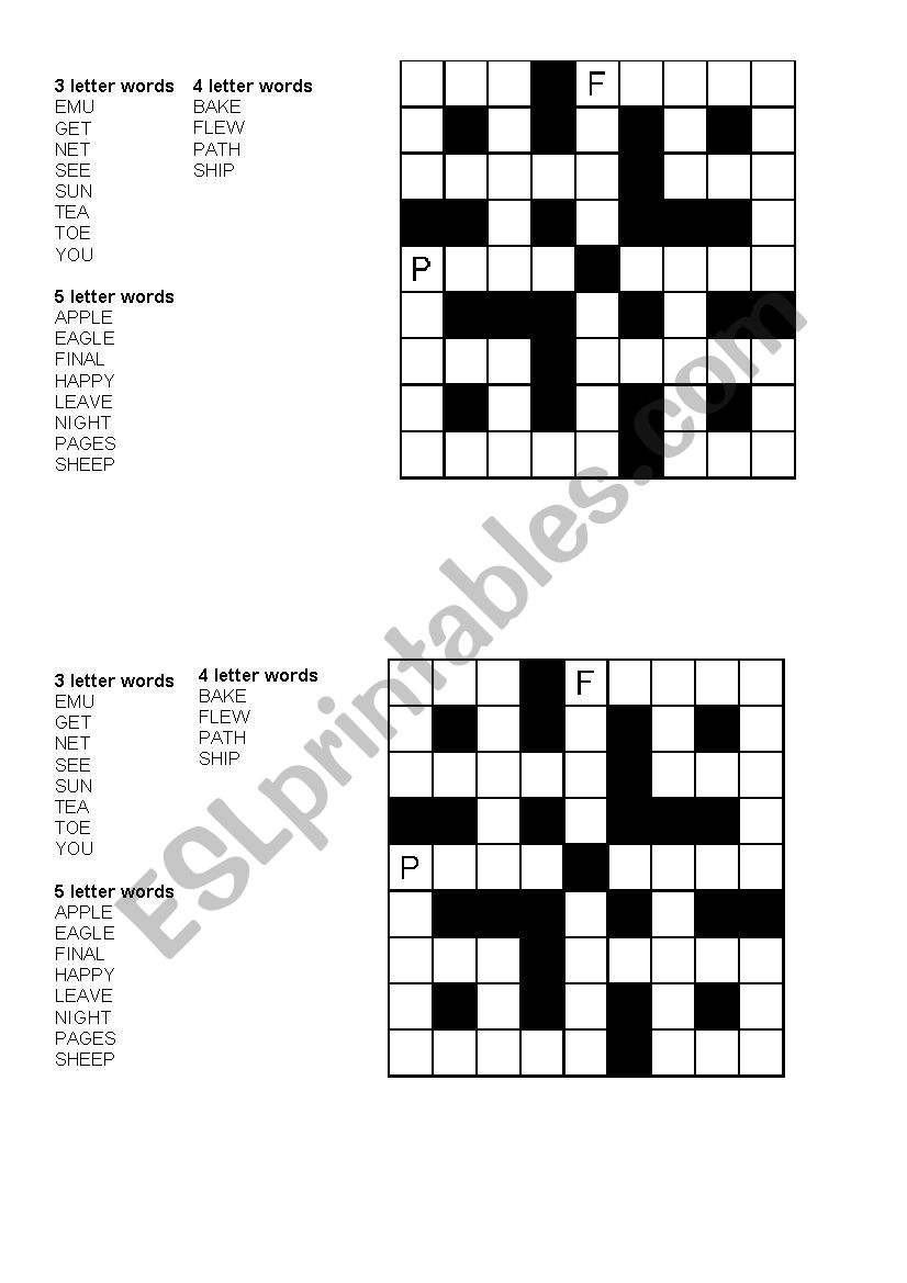 cross words worksheet