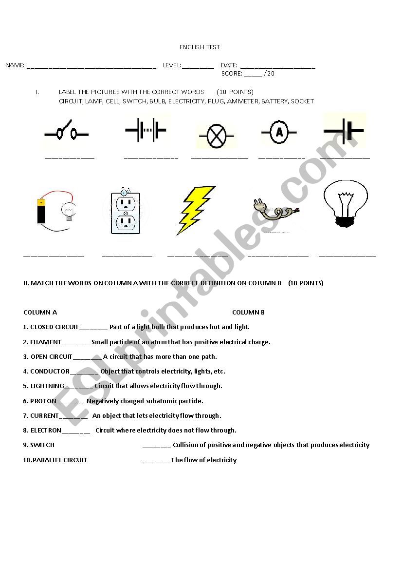 Electricity test worksheet
