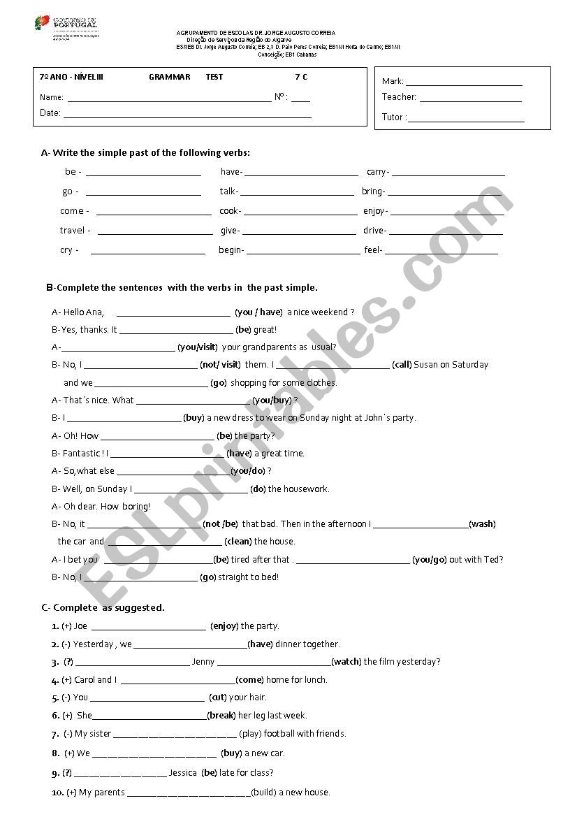 Simple past grammar test worksheet