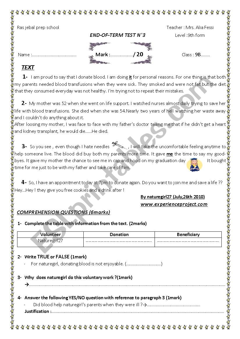 END-OF- TERM TEST 3 9TH FORM worksheet