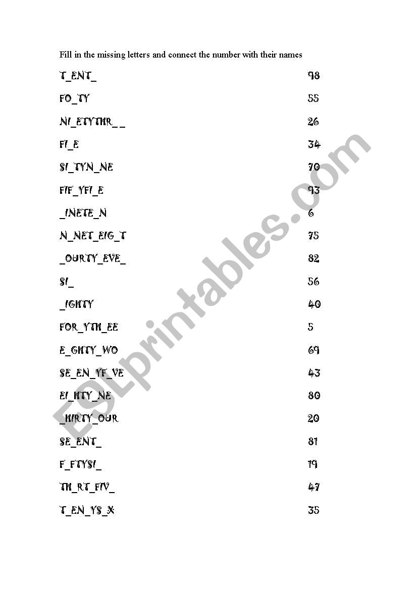 Work sheet fill in gap numbers 5