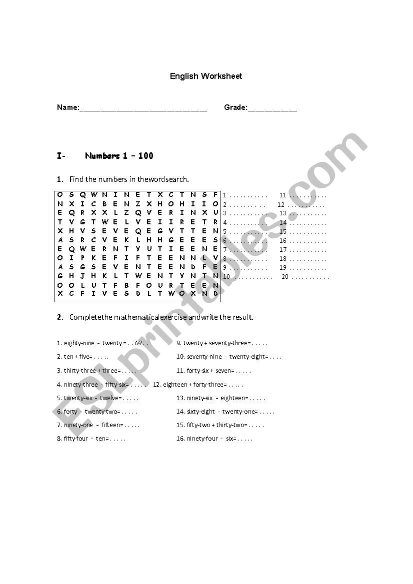 Numbers 1-100 worksheet