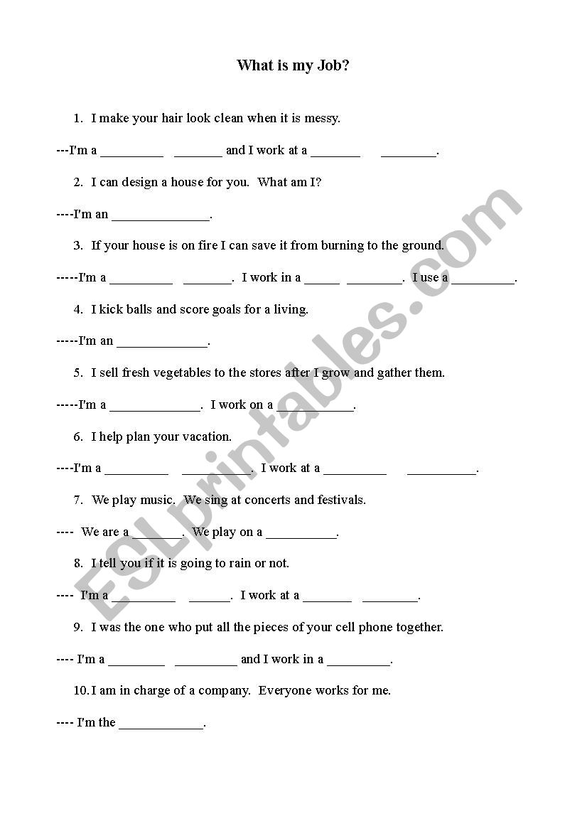 What Is My Job? worksheet