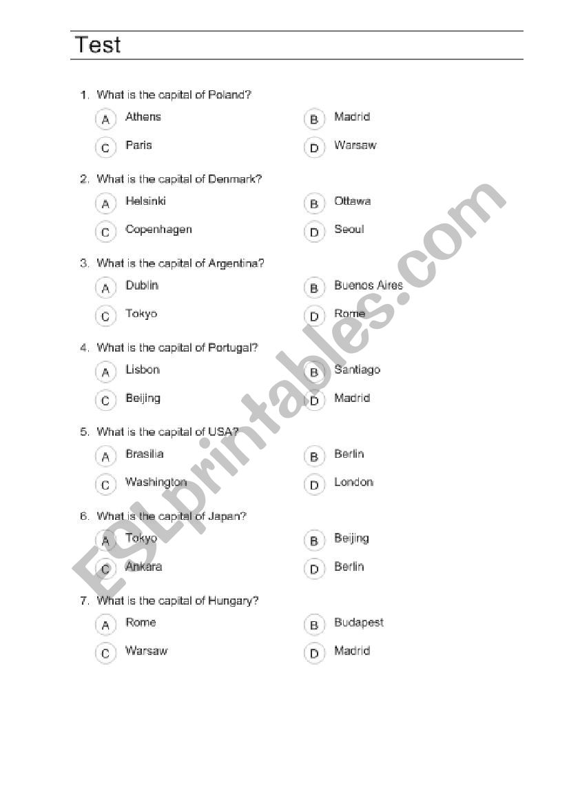 Countries and capitals worksheet