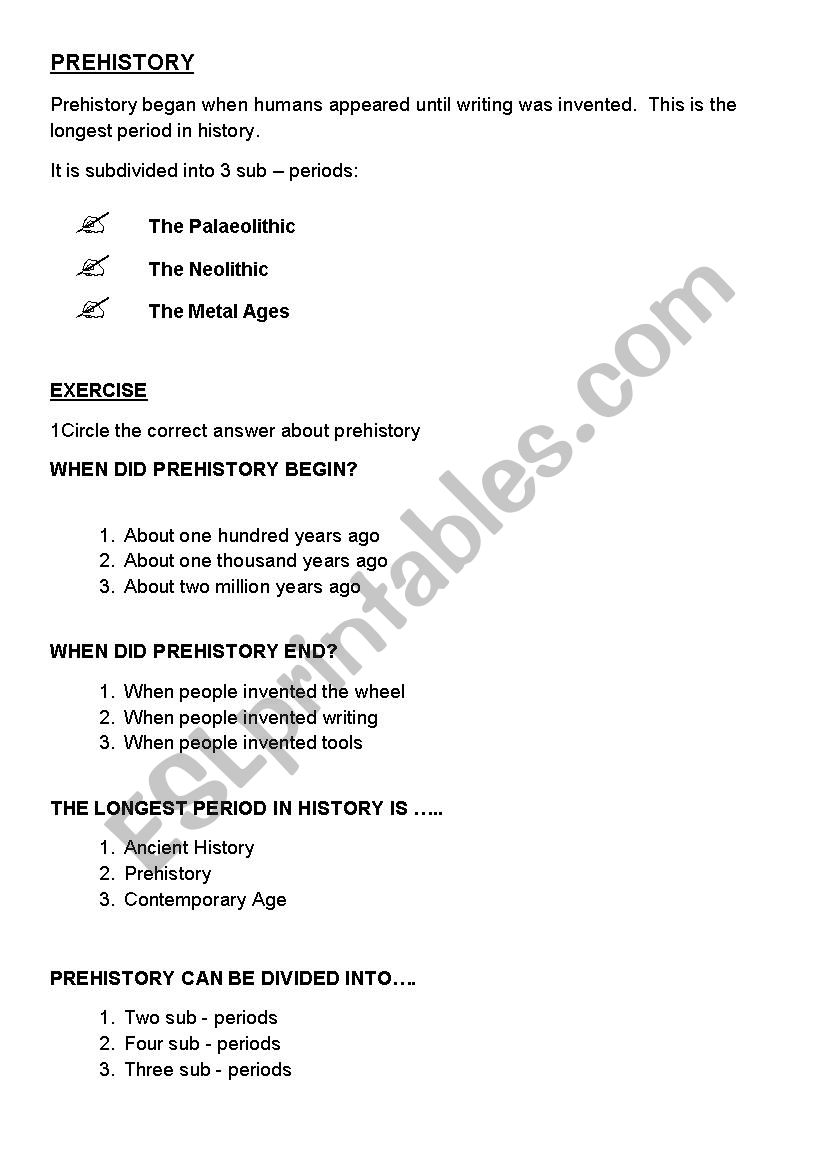 PREHISTORY worksheet