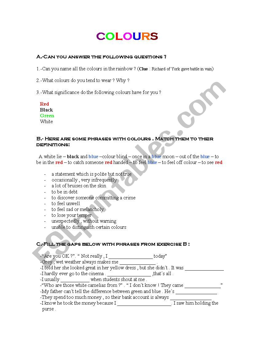 Idioms with colors worksheet