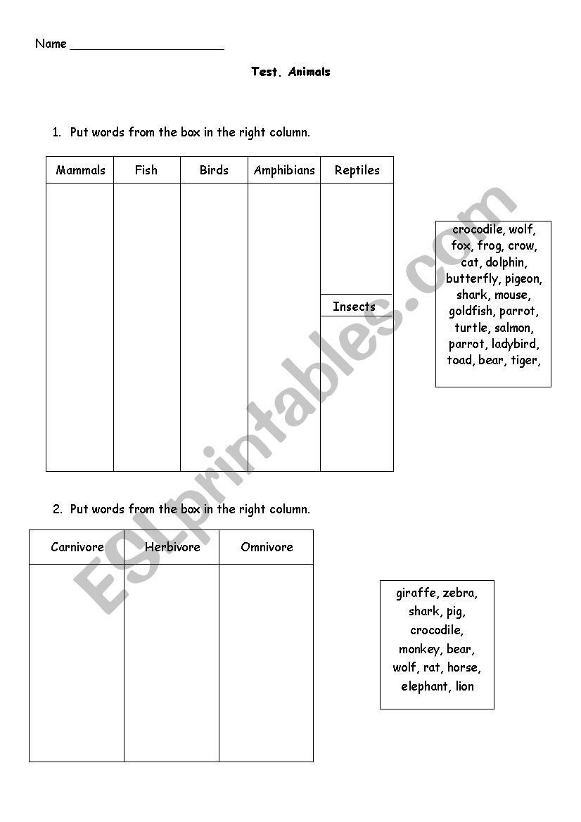 Animal Test worksheet