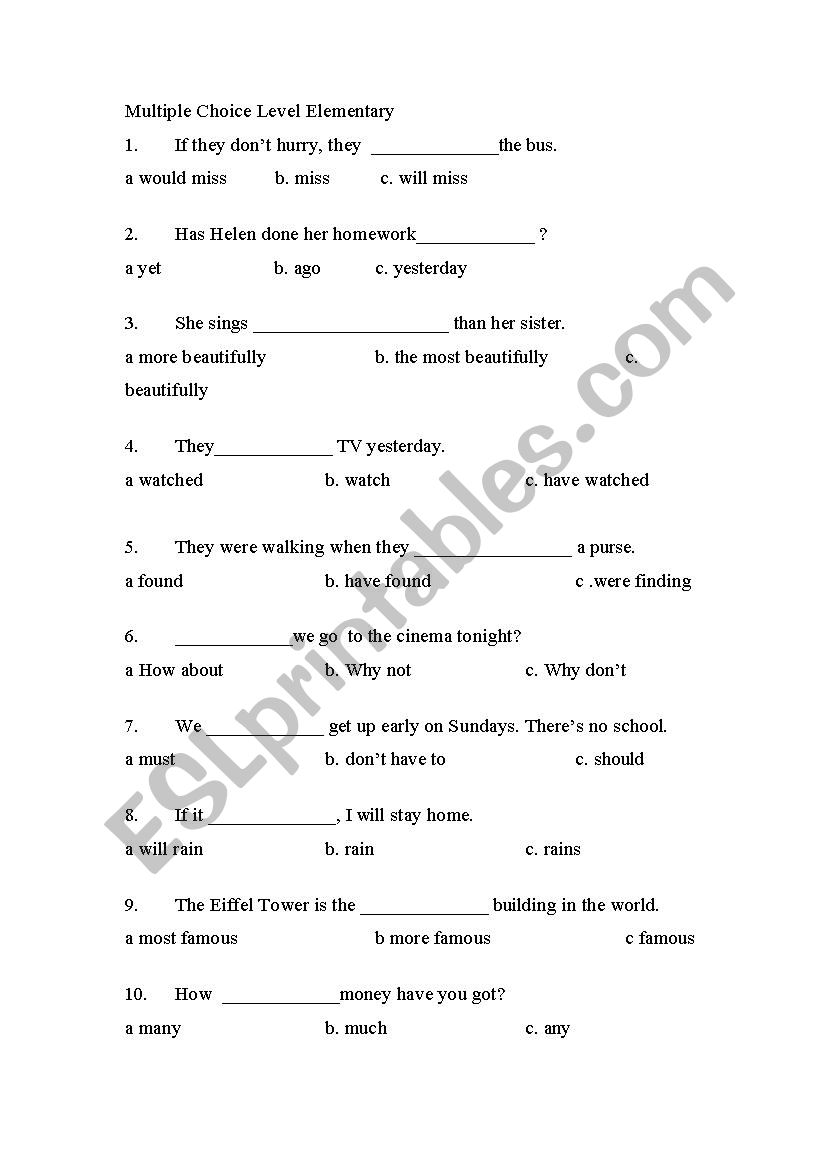 Multiple Choice worksheet