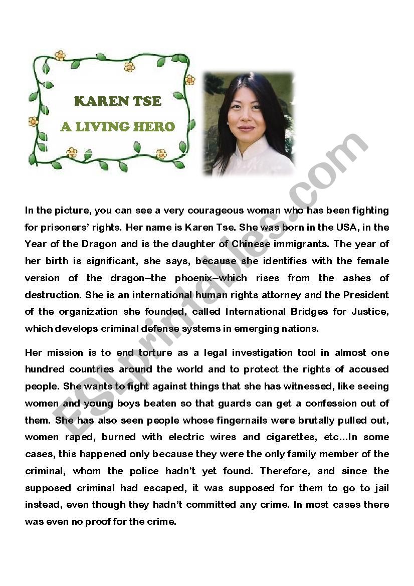 Karen Tse - A living hero worksheet