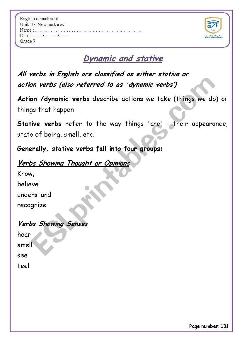 Dynamic and stative verbs worksheet