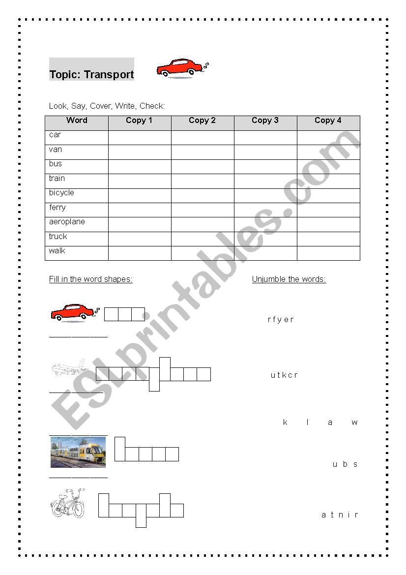 Transport vocabulary worksheet