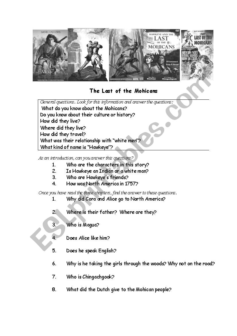 The last of the Mohicans worksheet