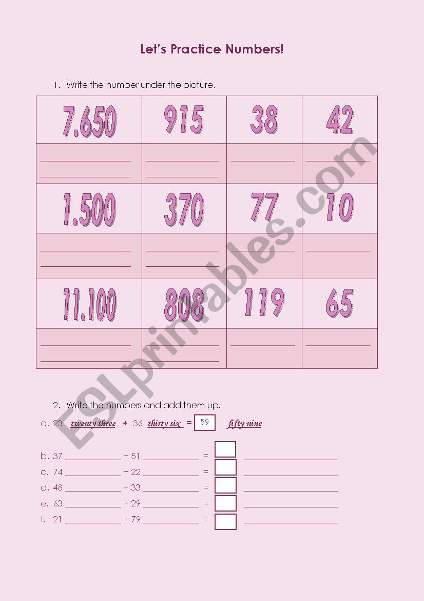 Numbers  worksheet