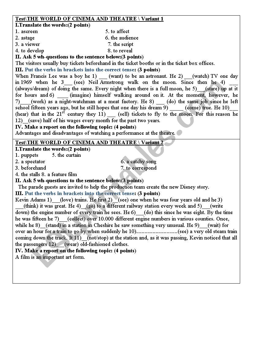 the world of cinema  and theatre tests