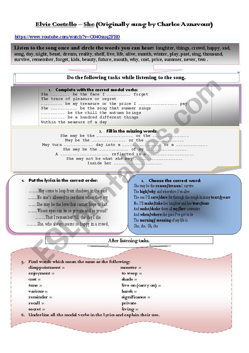 She - Elvis Costello worksheet