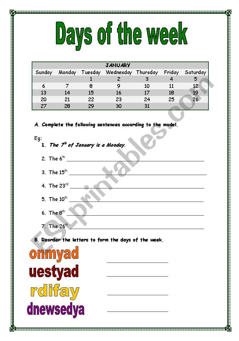 Days of the week worksheet