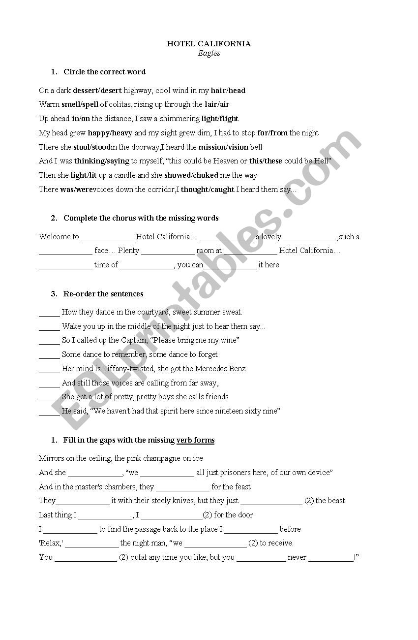 Hotel California worksheet
