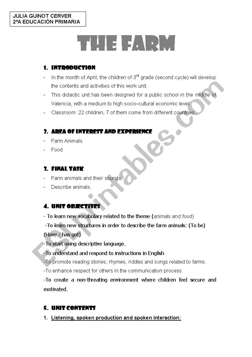 THE FARM worksheet
