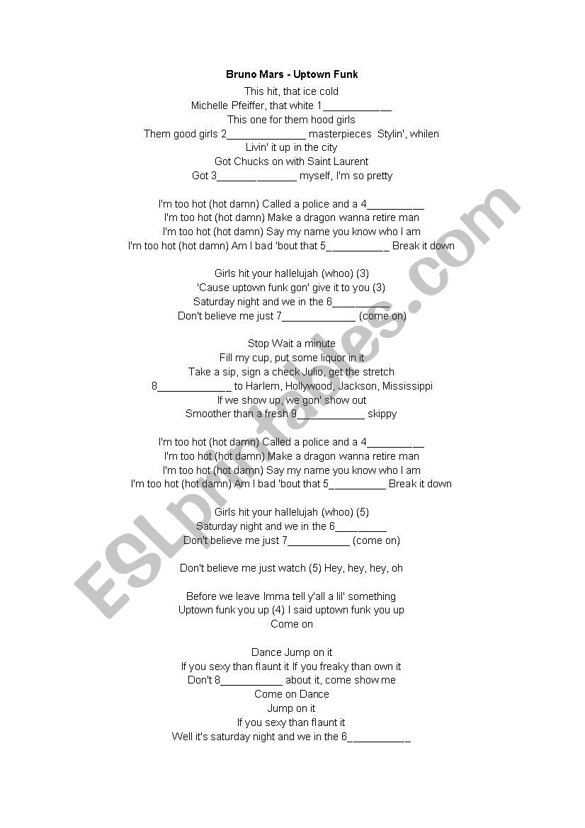 Bruno Mars - Uptown Funk worksheet