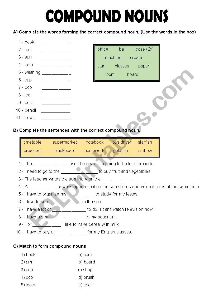 compound nouns esl worksheet by anniesa