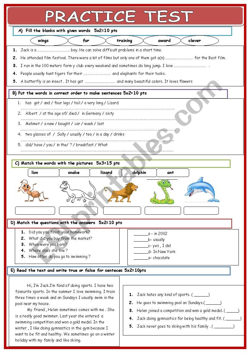 PRACTICE TEST FOR SEVENTH GRADERS TWO PAGES