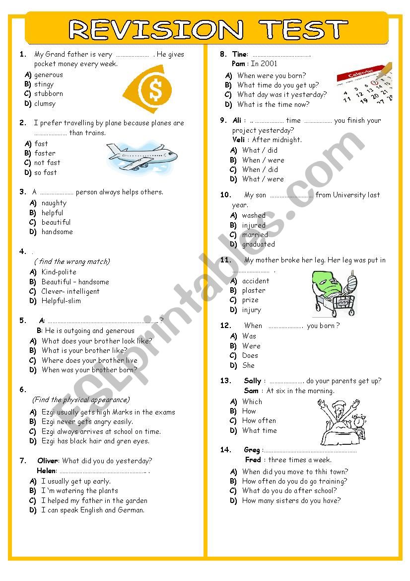 REVISION TEST FOR SEVENTH GRADERS TWO PAGES
