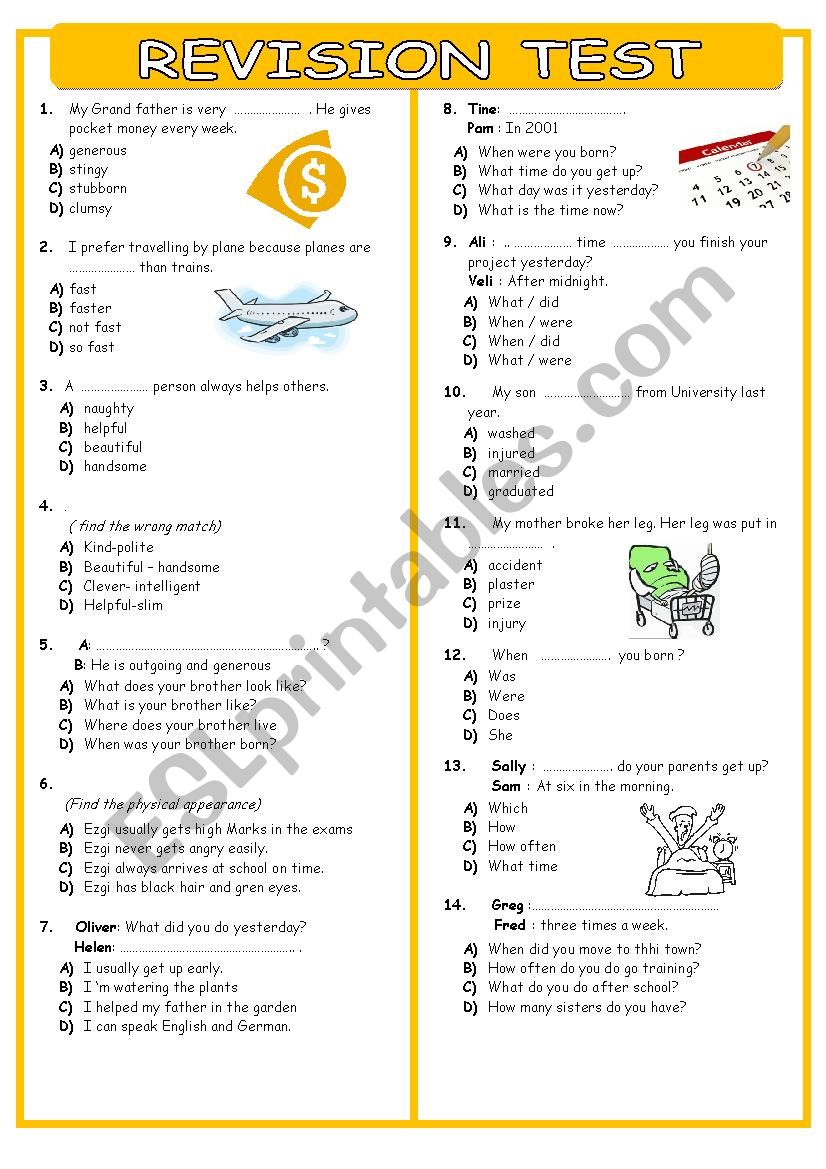 REVISION TEST FOR SEVENTH GRADERS TWO PAGES