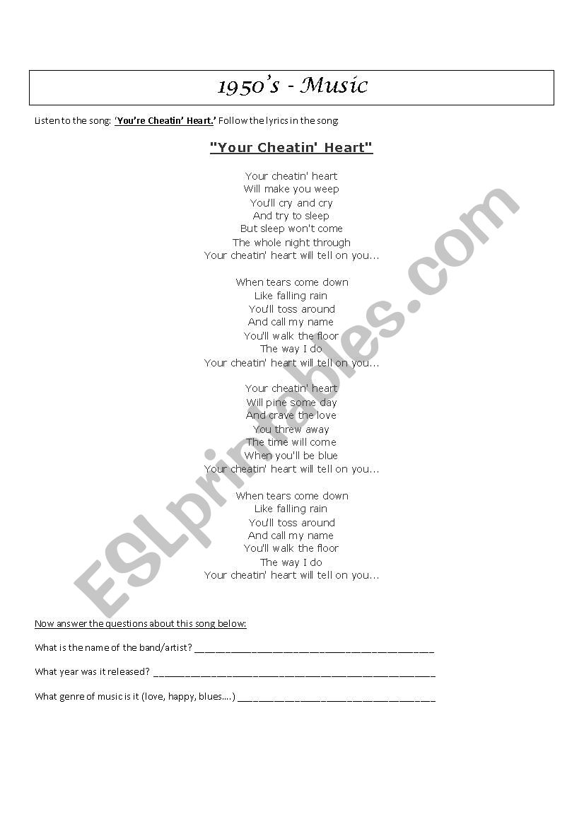 1950s Music worksheet