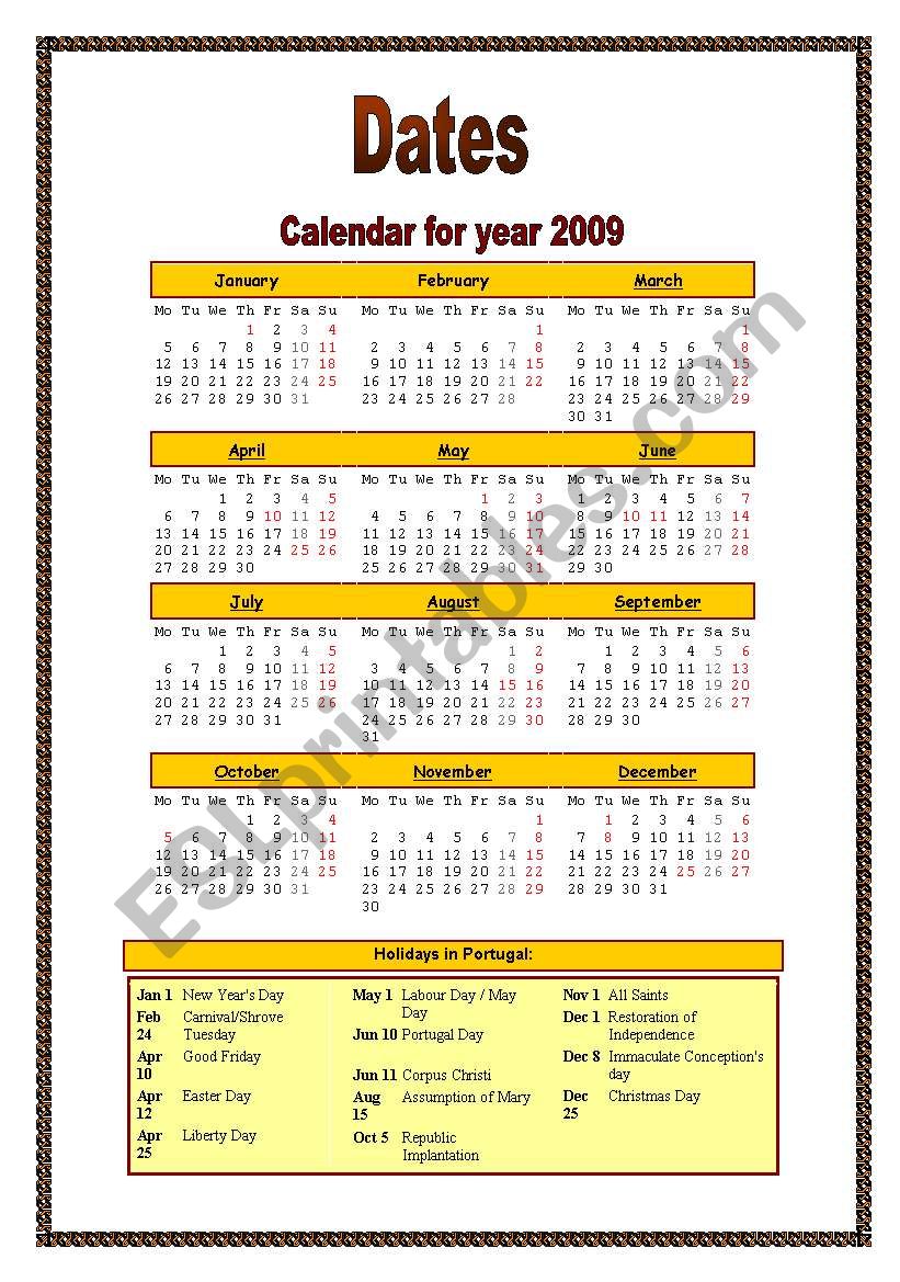 Calendar for year 2009 (dates and holidays)