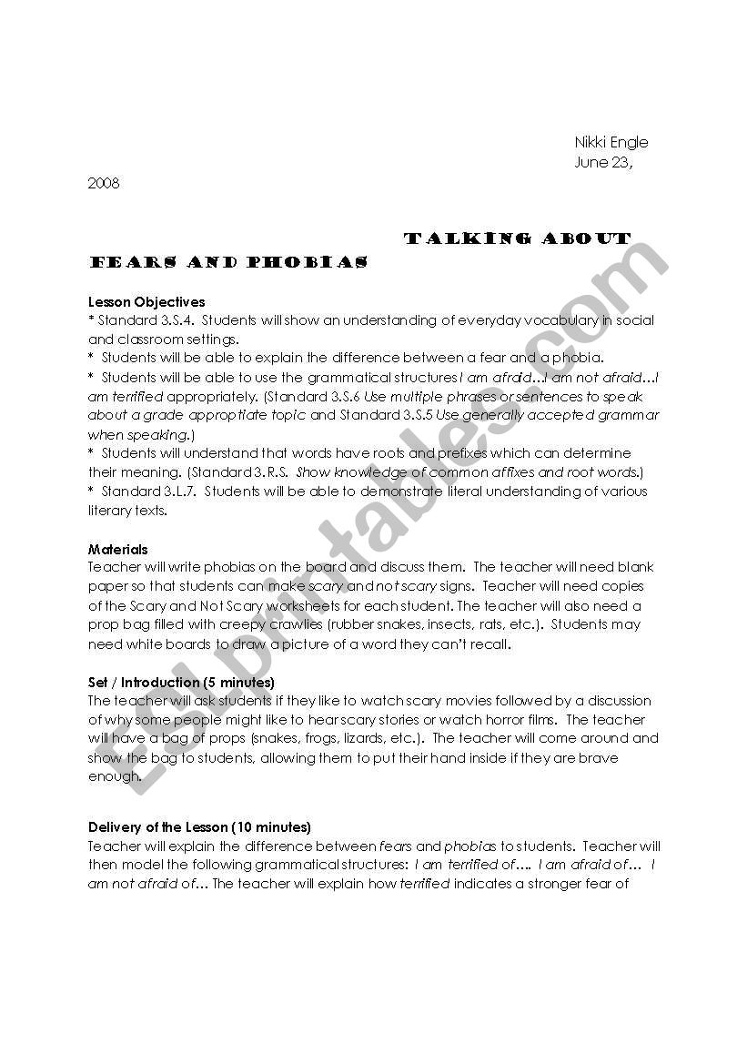 Fears and Phobias worksheet