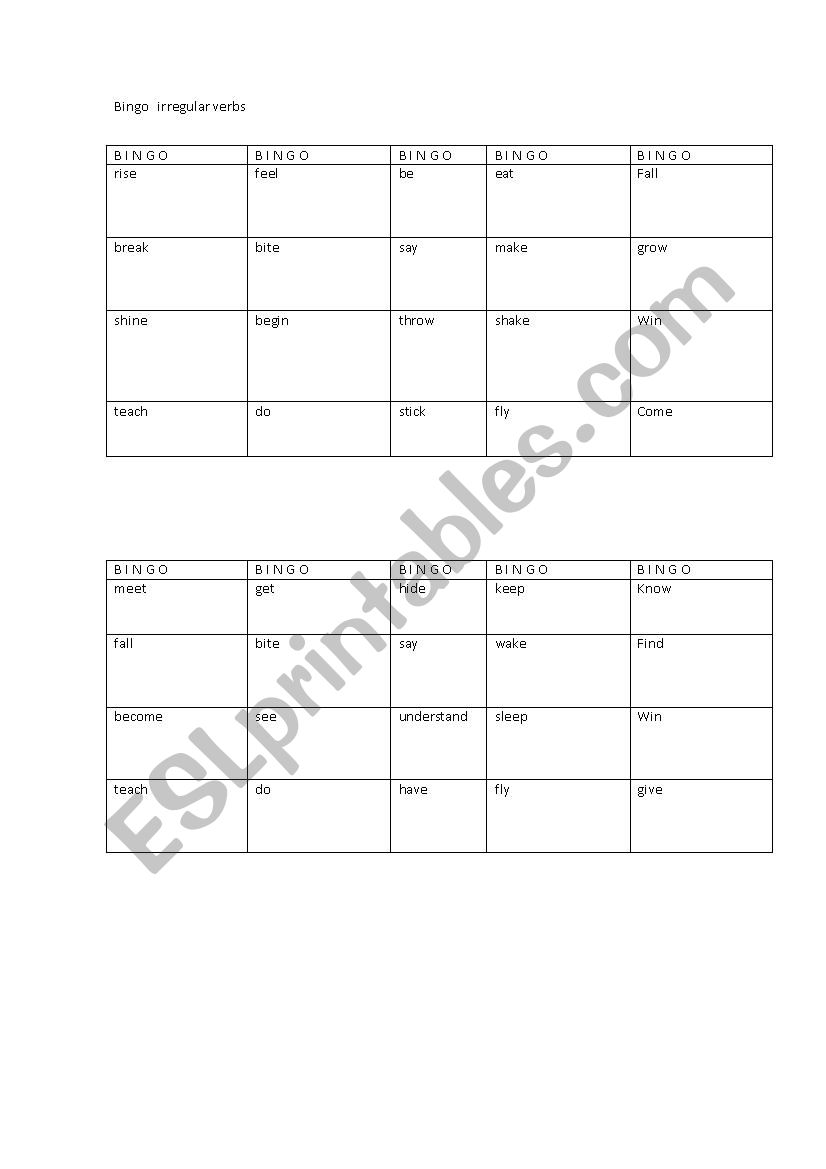 bingo irregular verbs worksheet