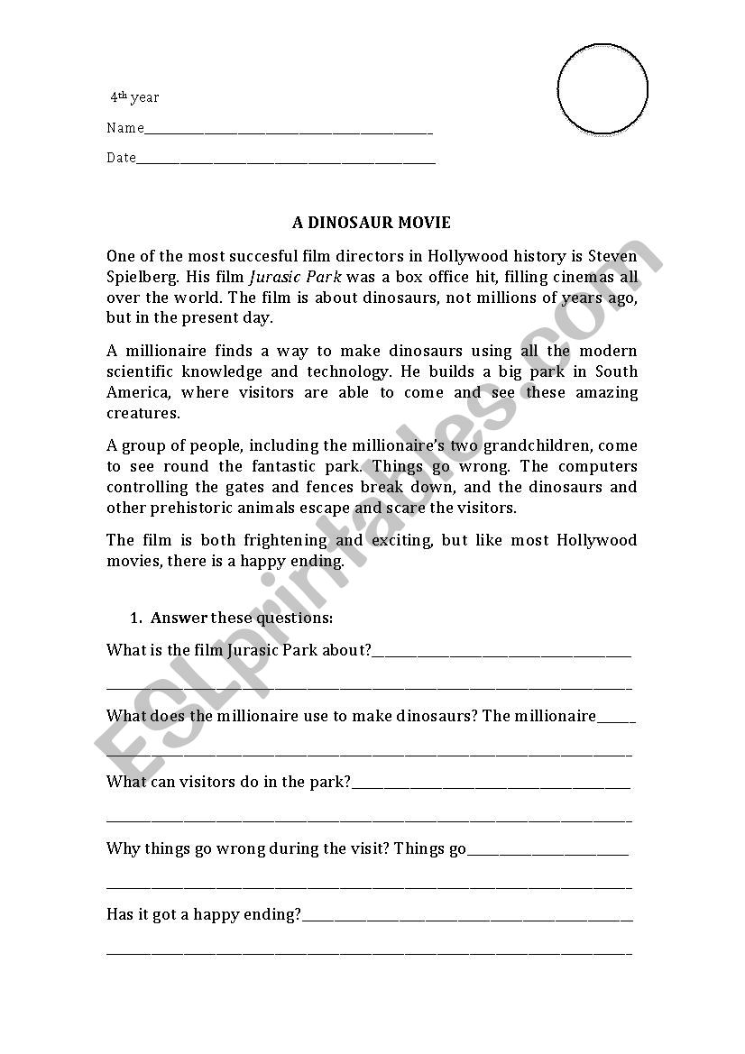 Reading comprehension. Jurassic Park