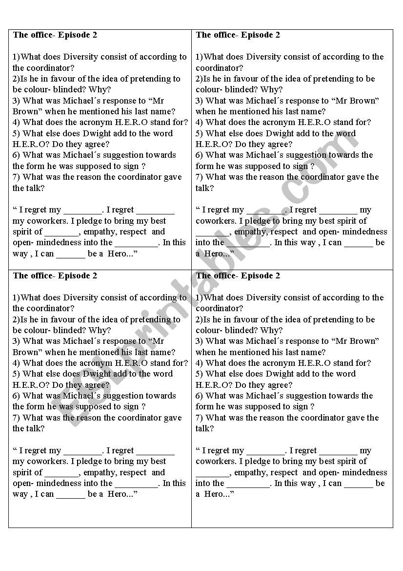 The Office Episode 2 worksheet