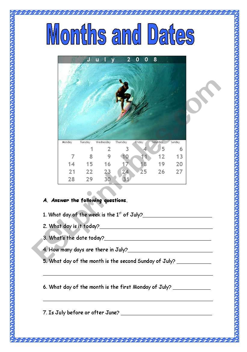Months and dates worksheet