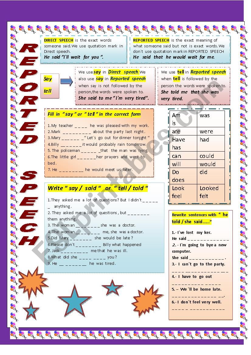 REPORTED  SPEECH worksheet